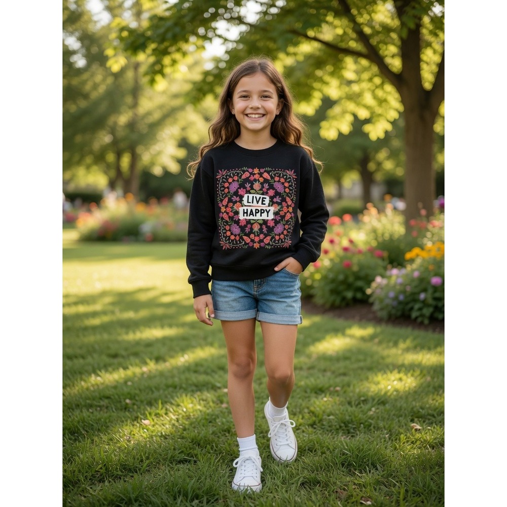 Natural Life Kids Live Happy Floral Graphic Sweatshirt Black Size 10-12 Pullover
